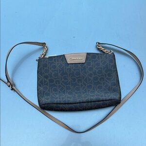 Calvin Klein Dark Brown Monogram Crossbody with Tan Strap